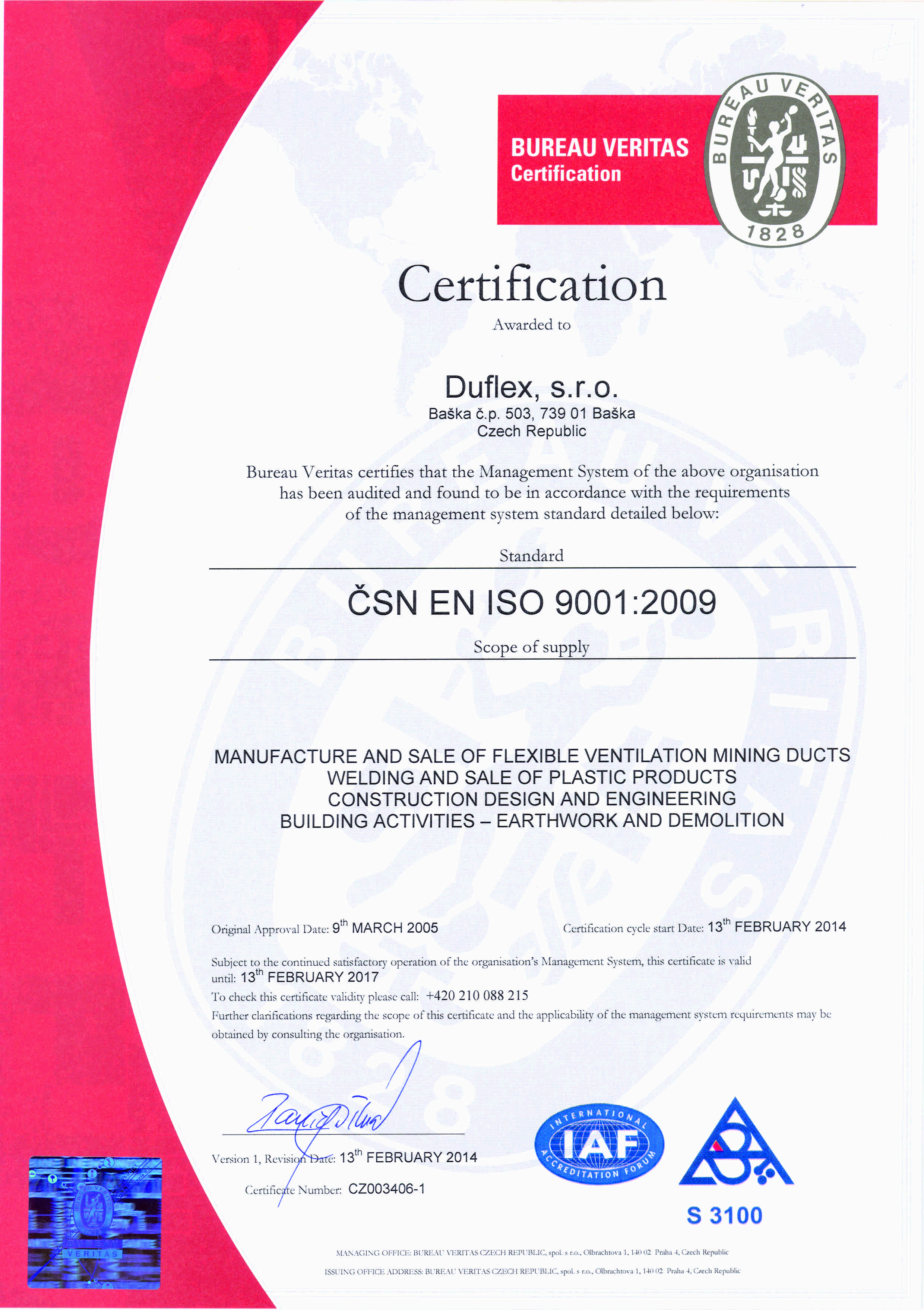 Certifikát systému managementu kvality Certifikát systému managementu kvality